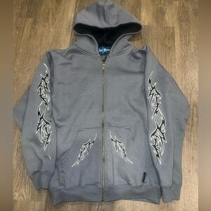 Vintage y2K grunge Silver Point Gray full zip Hoodie with Tribal Design